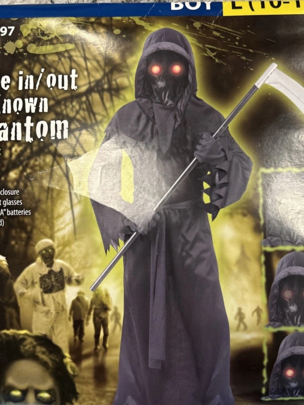 Kids Fade In/Out Black Phantom Hooded Halloween Costume with Glowing Mask